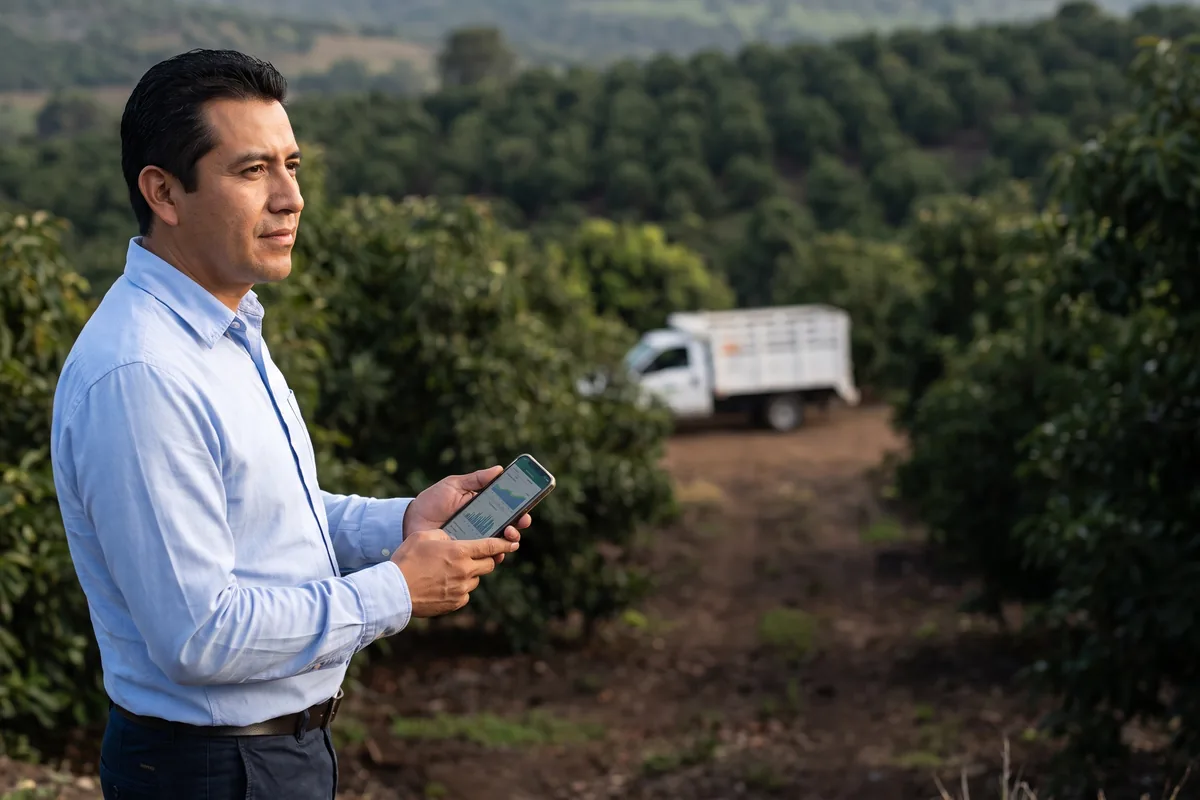 Productor agrícola en un huerto revisando su teléfono, con un camión de carga al fondo.