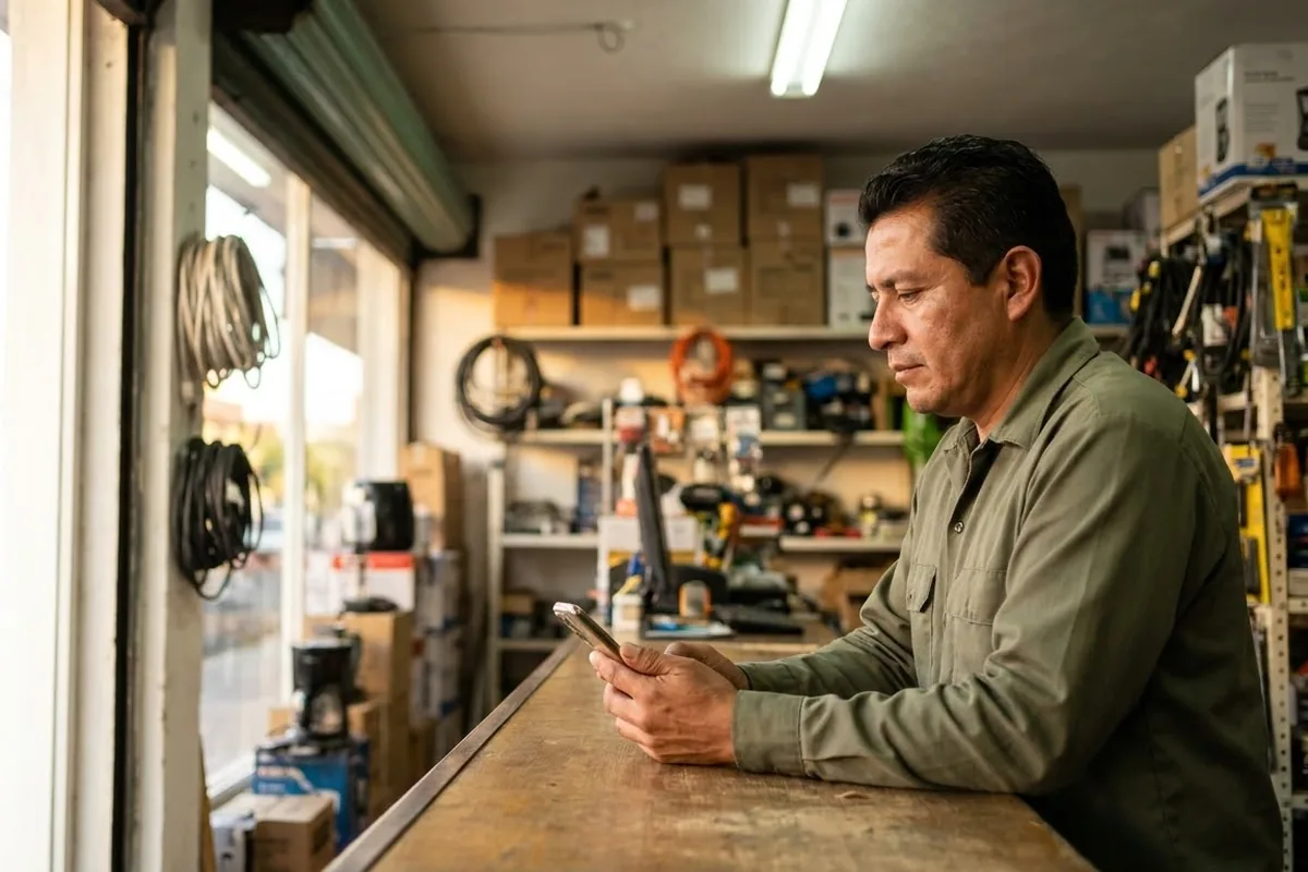 Comerciante revisando su teléfono en el mostrador de un taller, con estantes y herramientas al fondo.