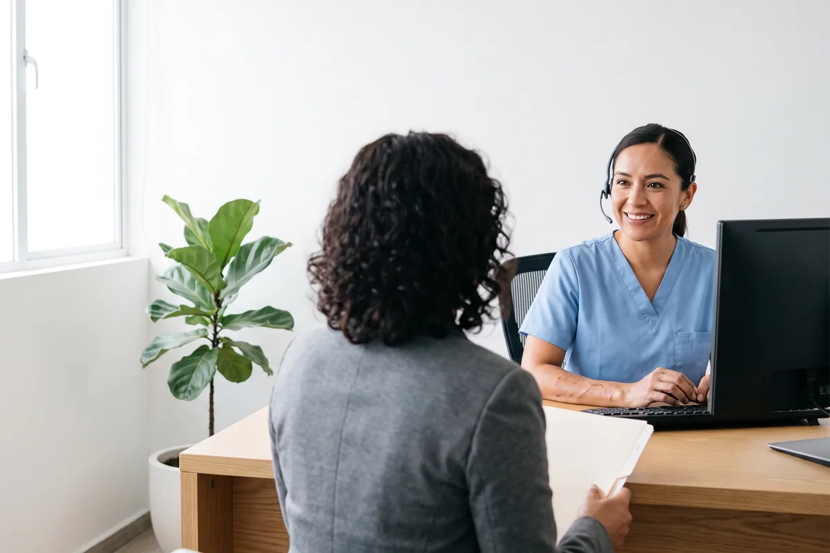 Recepcionista de clínica con auricular atendiendo a una paciente en recepción.