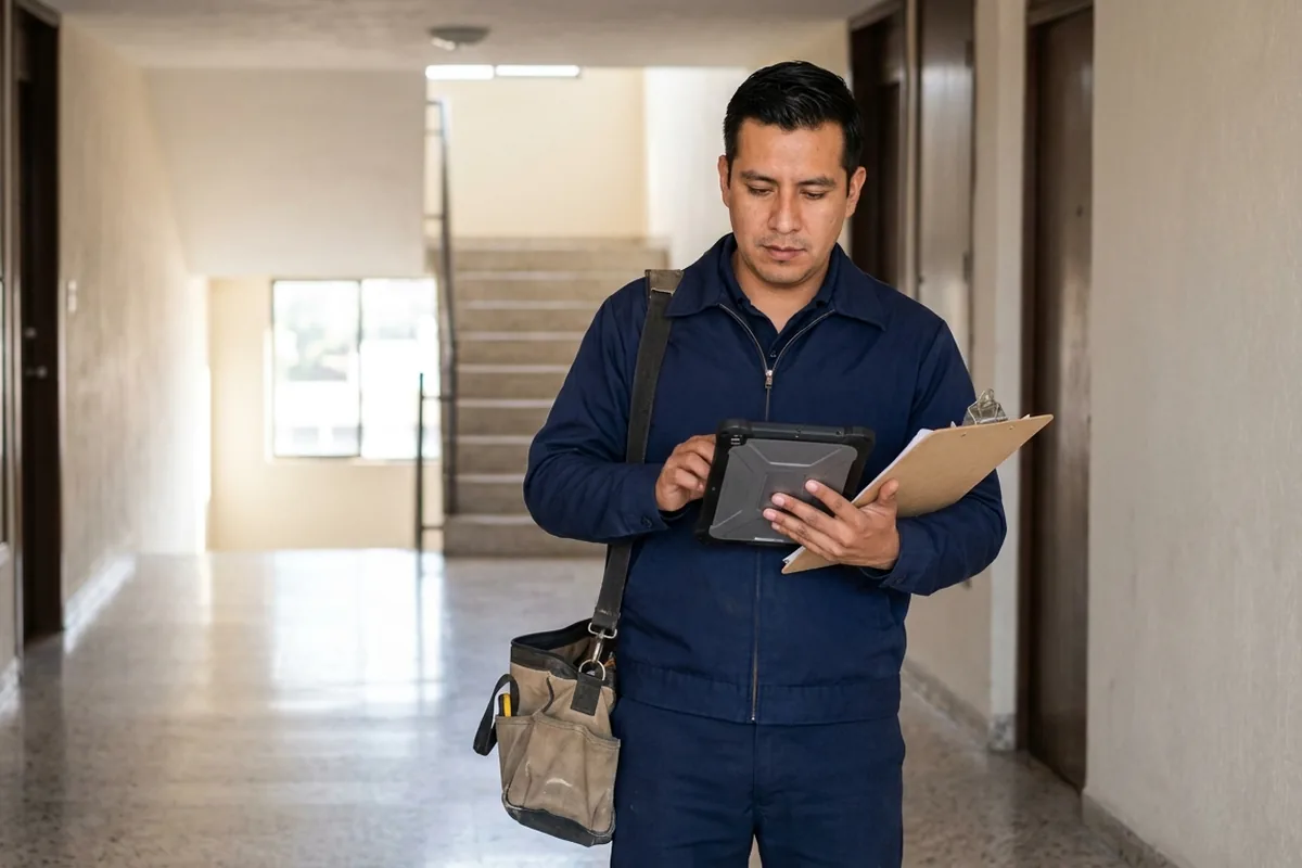 Técnico de mantenimiento revisando una tablet en el pasillo de un edificio residencial.